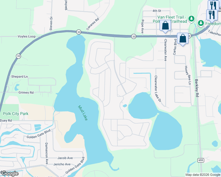 map of restaurants, bars, coffee shops, grocery stores, and more near 357 Travelers Drive in Polk City