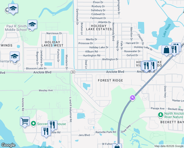map of restaurants, bars, coffee shops, grocery stores, and more near 398 Wood Chuck Avenue in Tarpon Springs