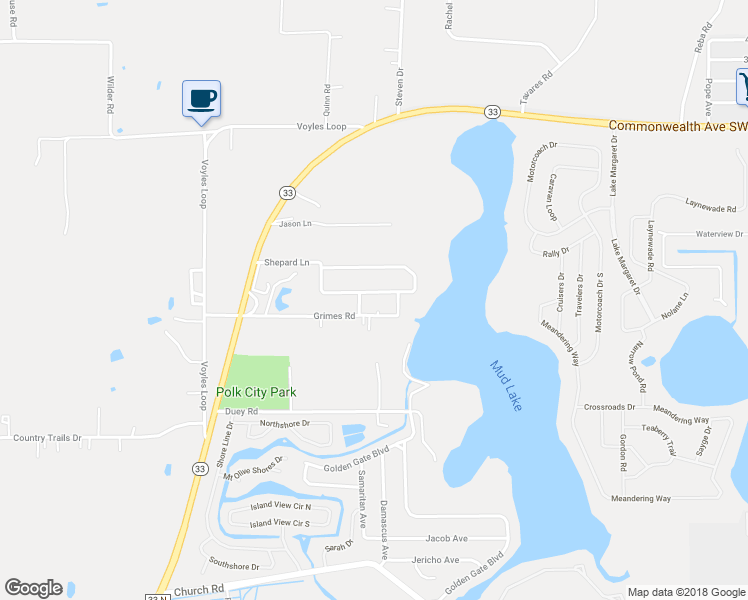 map of restaurants, bars, coffee shops, grocery stores, and more near 5309 Shepard Lane in Polk City