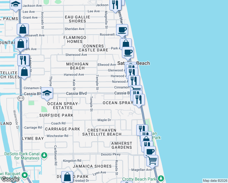 map of restaurants, bars, coffee shops, grocery stores, and more near 210 Cassia Boulevard in Satellite Beach