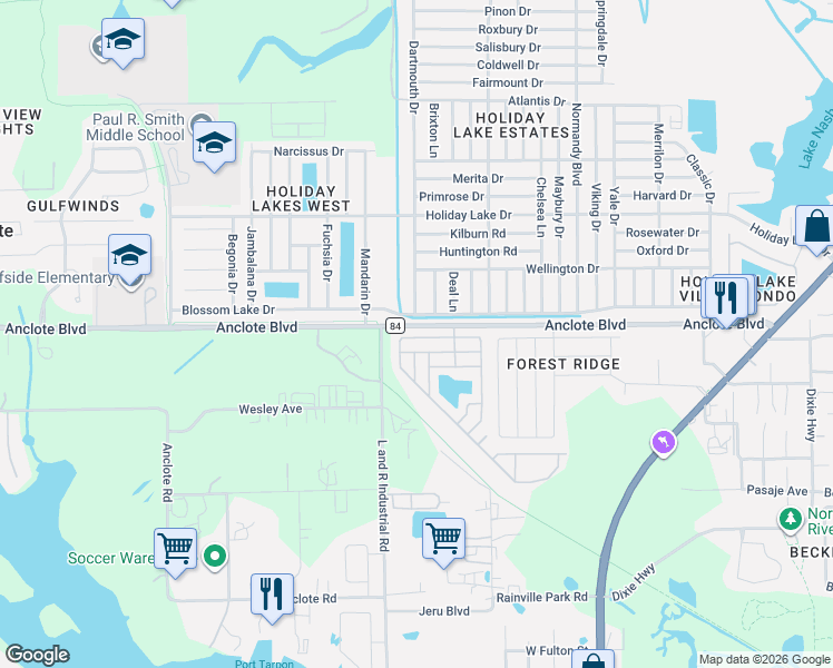 map of restaurants, bars, coffee shops, grocery stores, and more near 519 Barbara Way in Tarpon Springs