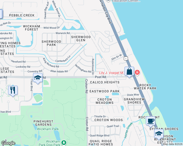 map of restaurants, bars, coffee shops, grocery stores, and more near 2021 Nottingham Road in Melbourne