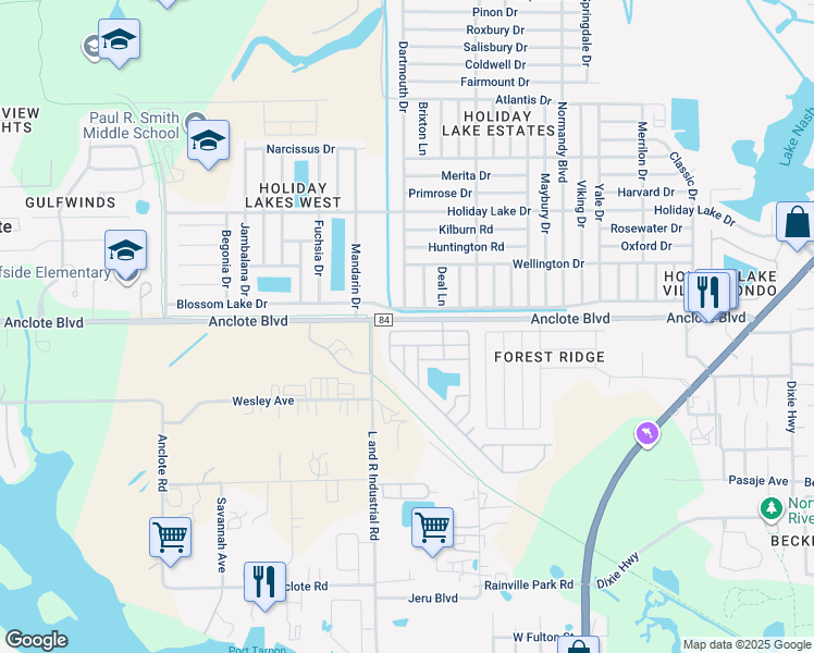 map of restaurants, bars, coffee shops, grocery stores, and more near 519 Barbara Way in Tarpon Springs