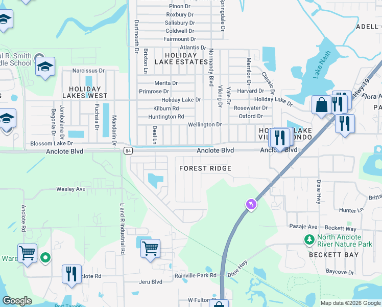 map of restaurants, bars, coffee shops, grocery stores, and more near 384 Wood Chuck Avenue in Tarpon Springs