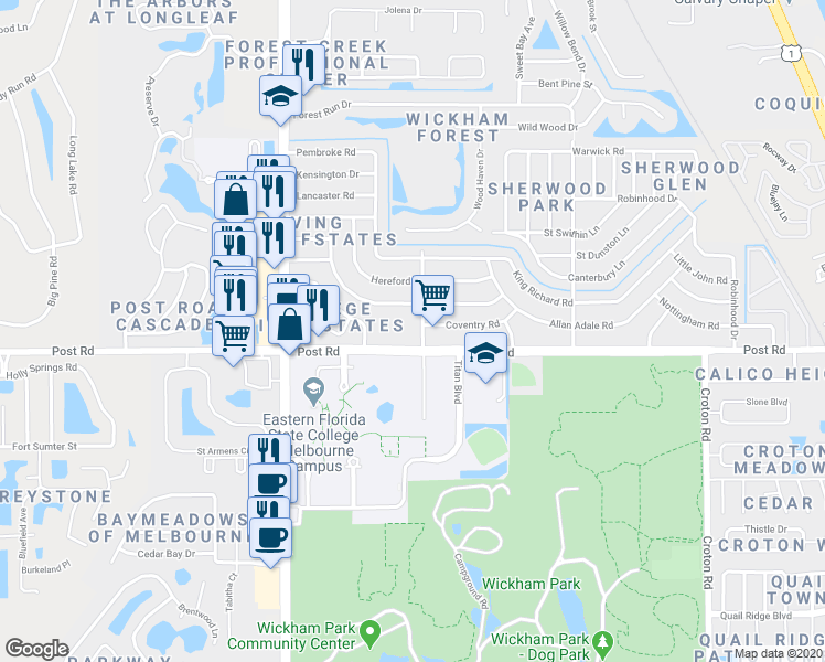 map of restaurants, bars, coffee shops, grocery stores, and more near 4020 Hammock Road in Melbourne