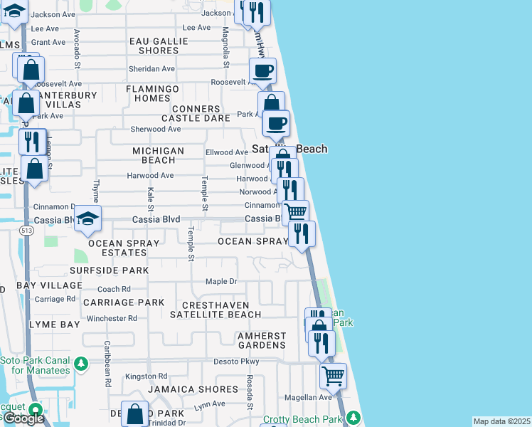 map of restaurants, bars, coffee shops, grocery stores, and more near 175 Cinnamon Drive in Satellite Beach