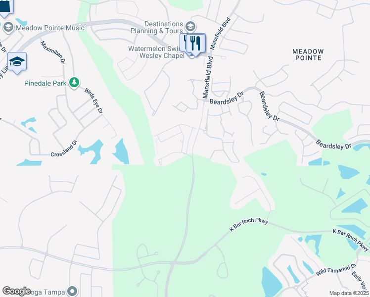 map of restaurants, bars, coffee shops, grocery stores, and more near 1228 Godavari Way in Wesley Chapel
