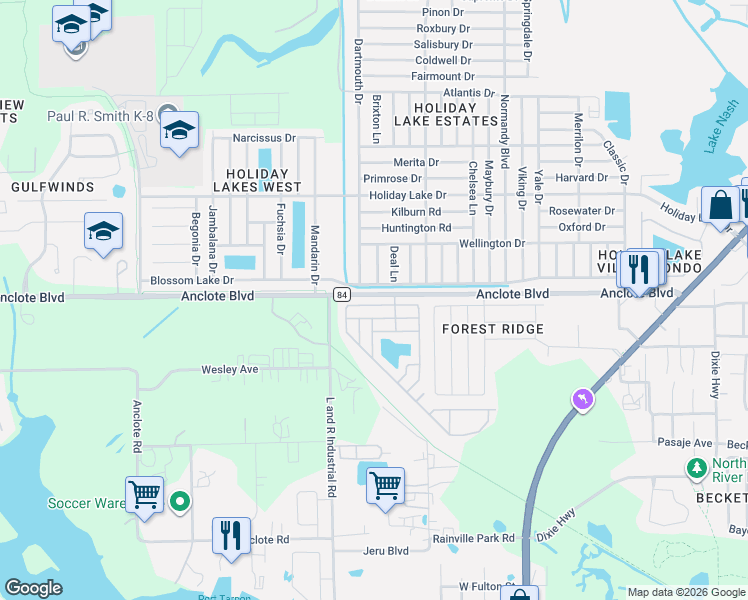 map of restaurants, bars, coffee shops, grocery stores, and more near 519 Barbara Way in Tarpon Springs