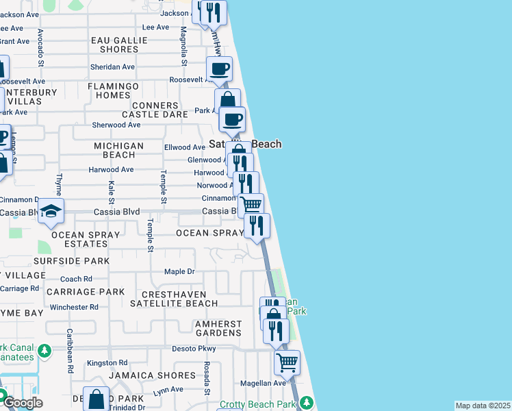 map of restaurants, bars, coffee shops, grocery stores, and more near 1395 Florida A1A in Satellite Beach