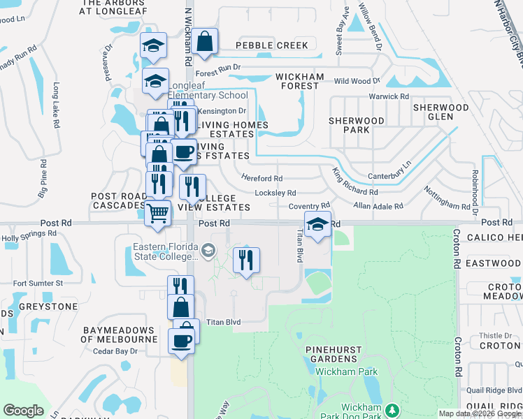 map of restaurants, bars, coffee shops, grocery stores, and more near 2676 Post Road in Melbourne