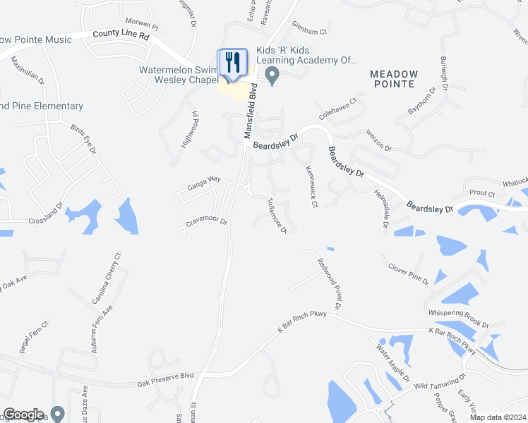 map of restaurants, bars, coffee shops, grocery stores, and more near 30127 Mossbank Drive in Wesley Chapel