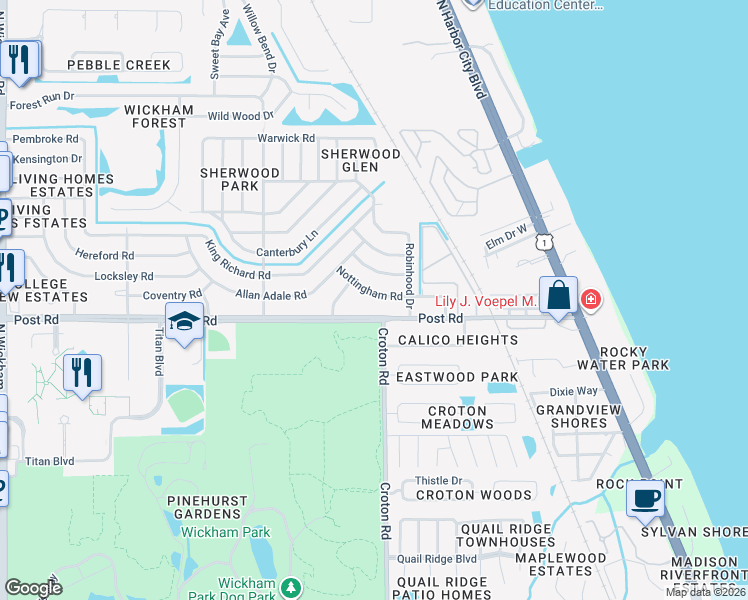 map of restaurants, bars, coffee shops, grocery stores, and more near 2115 Nottingham Road in Melbourne
