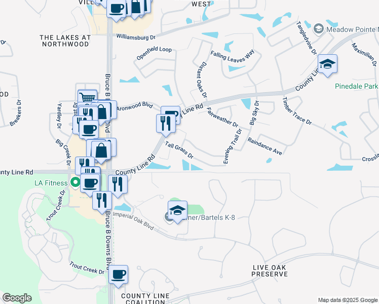 map of restaurants, bars, coffee shops, grocery stores, and more near 28405 Tall Grass Drive in Zephyrhills