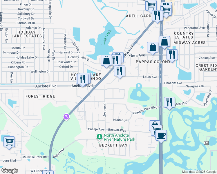 map of restaurants, bars, coffee shops, grocery stores, and more near 621 Cypress Park Avenue in Tarpon Springs