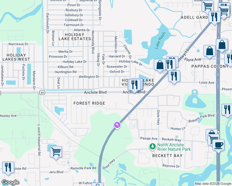 map of restaurants, bars, coffee shops, grocery stores, and more near 185 County Road 84 in Tarpon Springs