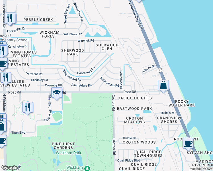 map of restaurants, bars, coffee shops, grocery stores, and more near 2115 Nottingham Road in Melbourne