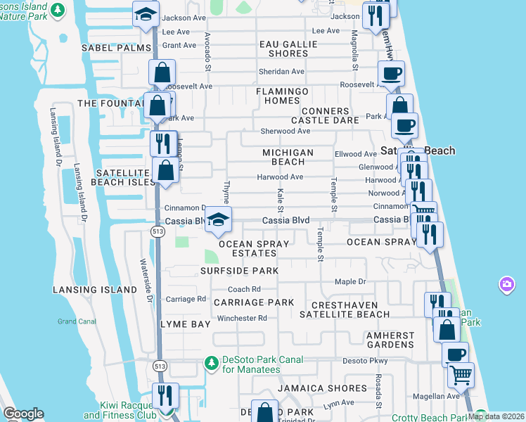 map of restaurants, bars, coffee shops, grocery stores, and more near 435 Cinnamon Drive in Satellite Beach