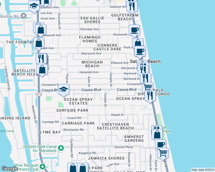 map of restaurants, bars, coffee shops, grocery stores, and more near 295 Cinnamon Drive in Satellite Beach