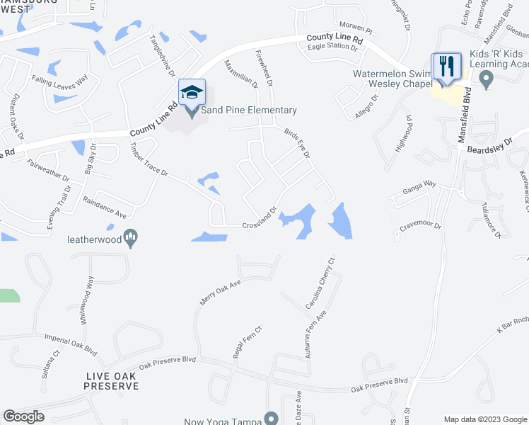 map of restaurants, bars, coffee shops, grocery stores, and more near 29401 Crossland Drive in Zephyrhills