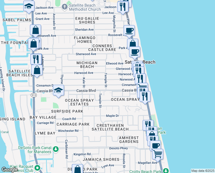 map of restaurants, bars, coffee shops, grocery stores, and more near 295 Cinnamon Drive in Satellite Beach