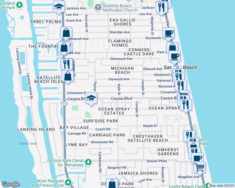 map of restaurants, bars, coffee shops, grocery stores, and more near 405 Cinnamon Drive in Satellite Beach