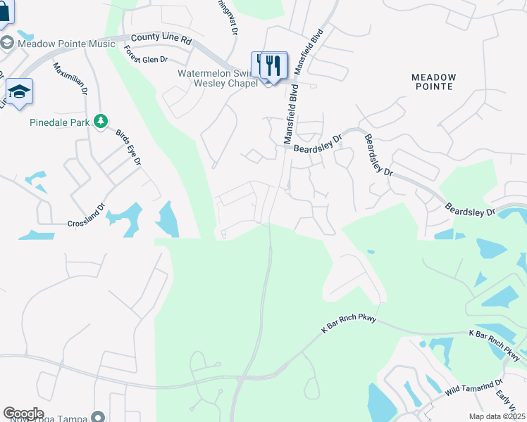 map of restaurants, bars, coffee shops, grocery stores, and more near 1228 Godavari Way in Wesley Chapel