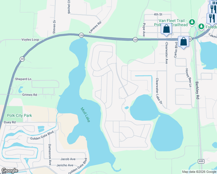 map of restaurants, bars, coffee shops, grocery stores, and more near 357 Travelers Dr in Polk City