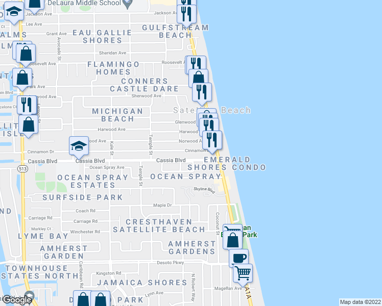 map of restaurants, bars, coffee shops, grocery stores, and more near 175 Cinnamon Drive in Satellite Beach