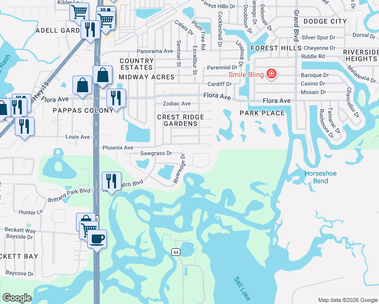 map of restaurants, bars, coffee shops, grocery stores, and more near 1291 Blackrush Drive in Tarpon Springs