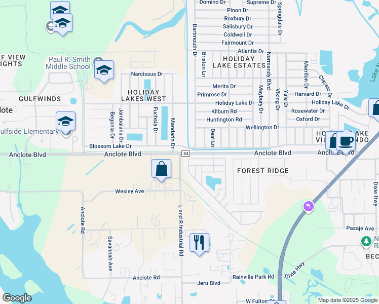 map of restaurants, bars, coffee shops, grocery stores, and more near 519 Barbara Way in Tarpon Springs