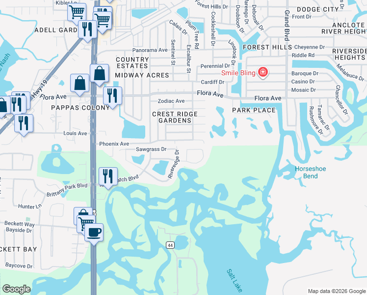 map of restaurants, bars, coffee shops, grocery stores, and more near 1291 Blackrush Drive in Tarpon Springs