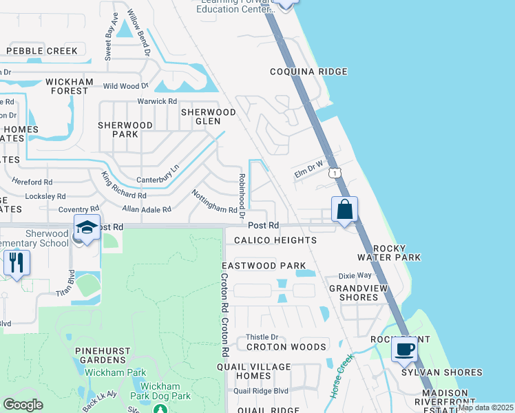 map of restaurants, bars, coffee shops, grocery stores, and more near 1956 Nottingham Road in Melbourne