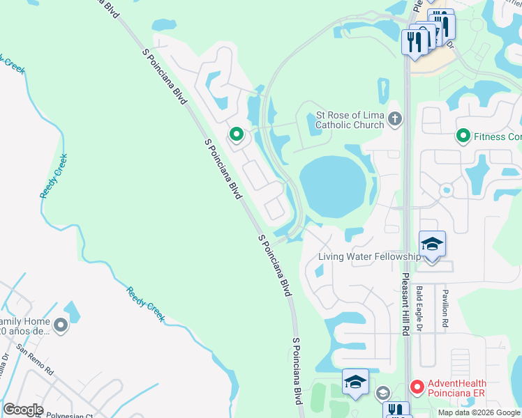 map of restaurants, bars, coffee shops, grocery stores, and more near 4016 Bougainvillea Place in Kissimmee