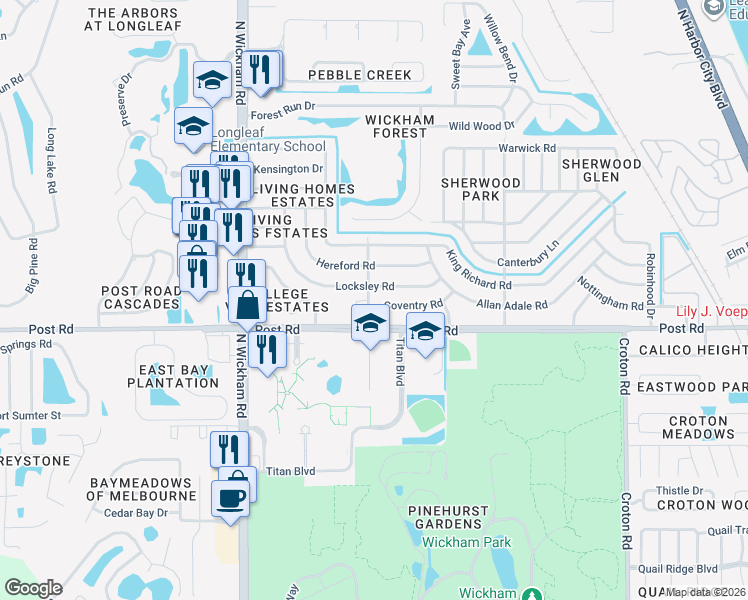 map of restaurants, bars, coffee shops, grocery stores, and more near 4020 Hammock Road in Melbourne