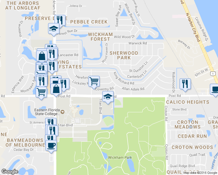 map of restaurants, bars, coffee shops, grocery stores, and more near 2520 Coventry Road in Melbourne