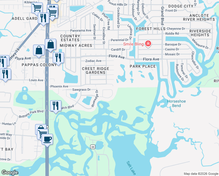 map of restaurants, bars, coffee shops, grocery stores, and more near 1269 Blackrush Drive in Tarpon Springs