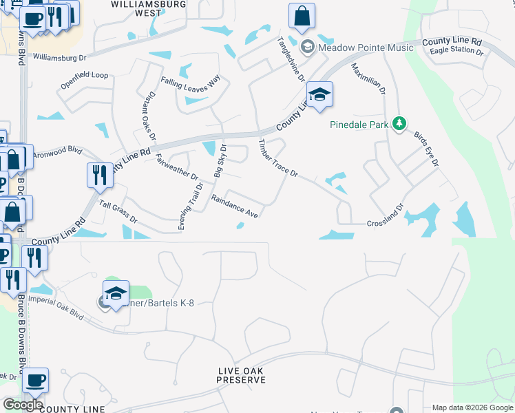 map of restaurants, bars, coffee shops, grocery stores, and more near 28849 Stormcloud Pass in Wesley Chapel
