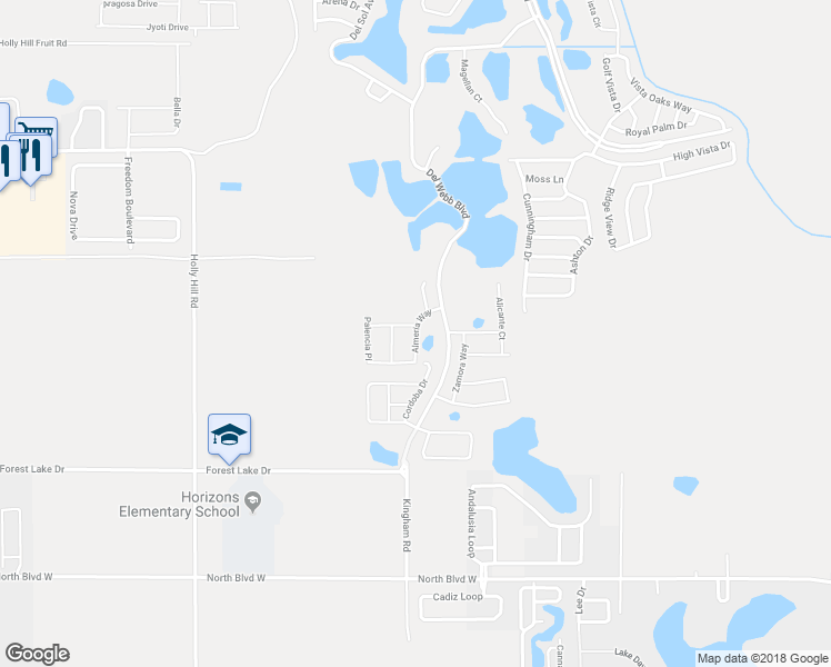 map of restaurants, bars, coffee shops, grocery stores, and more near Almeria Way in Davenport