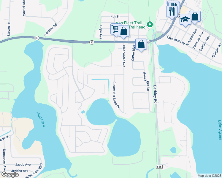 map of restaurants, bars, coffee shops, grocery stores, and more near 437 Waterview Drive in Polk City