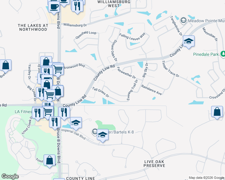 map of restaurants, bars, coffee shops, grocery stores, and more near 28449 Meadowrush Way in Zephyrhills