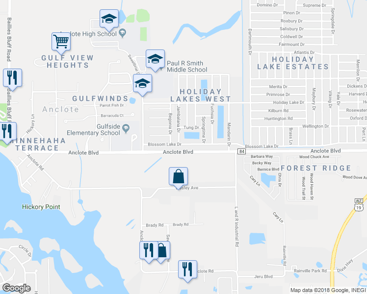 map of restaurants, bars, coffee shops, grocery stores, and more near 2630 Blossom Lake Drive in Holiday