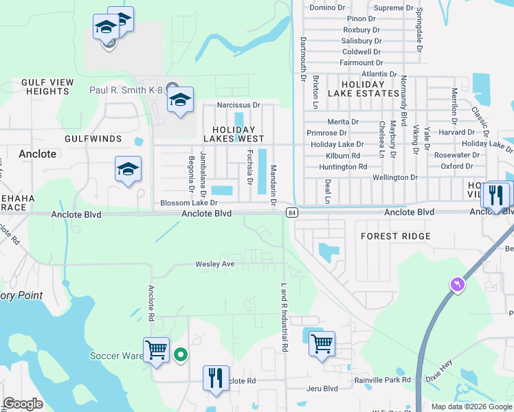 map of restaurants, bars, coffee shops, grocery stores, and more near 2822 Blossom Lake Drive in Holiday