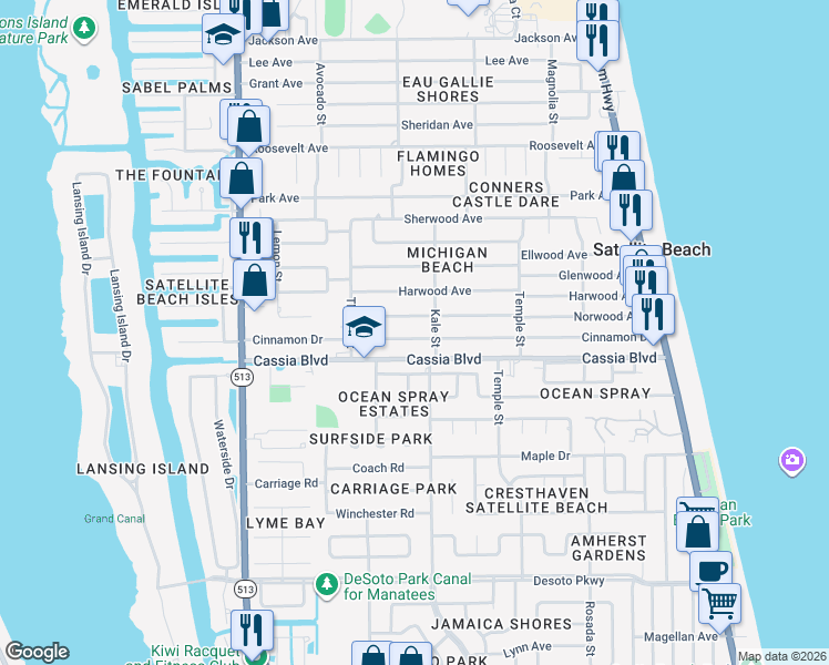 map of restaurants, bars, coffee shops, grocery stores, and more near 435 Cinnamon Drive in Satellite Beach