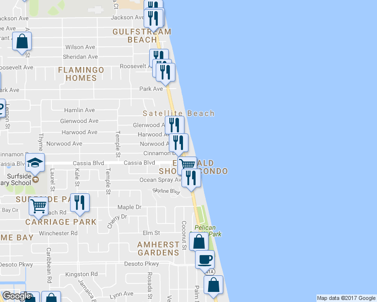 map of restaurants, bars, coffee shops, grocery stores, and more near 1395 Florida A1A in Satellite Beach