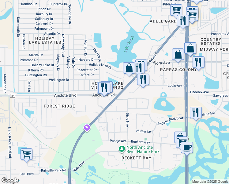 map of restaurants, bars, coffee shops, grocery stores, and more near 3824 Sailmaker Lane in Holiday