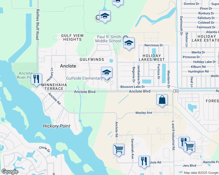 map of restaurants, bars, coffee shops, grocery stores, and more near 2329 Anclote Boulevard in Holiday