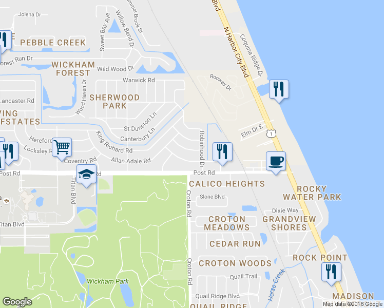 map of restaurants, bars, coffee shops, grocery stores, and more near 2053 Maid Marian Lane in Melbourne