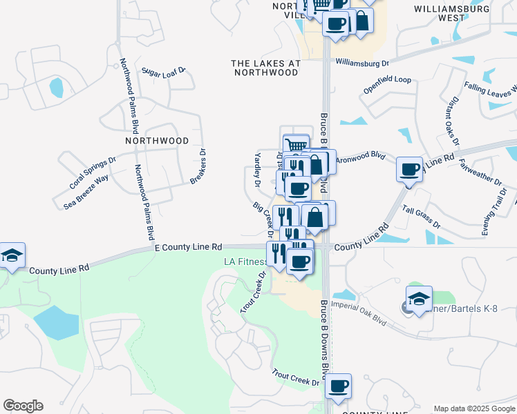 map of restaurants, bars, coffee shops, grocery stores, and more near Big Creek Drive in Wesley Chapel