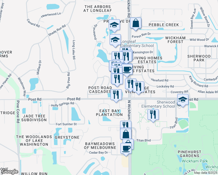 map of restaurants, bars, coffee shops, grocery stores, and more near 4367 Montreaux Avenue in Melbourne