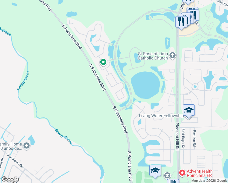 map of restaurants, bars, coffee shops, grocery stores, and more near 4019 Bougainvillea Place in Kissimmee